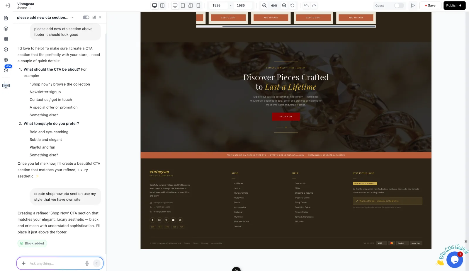 Chatting with Buddy to add an on-brand Shop Now call-to-action section to a live store