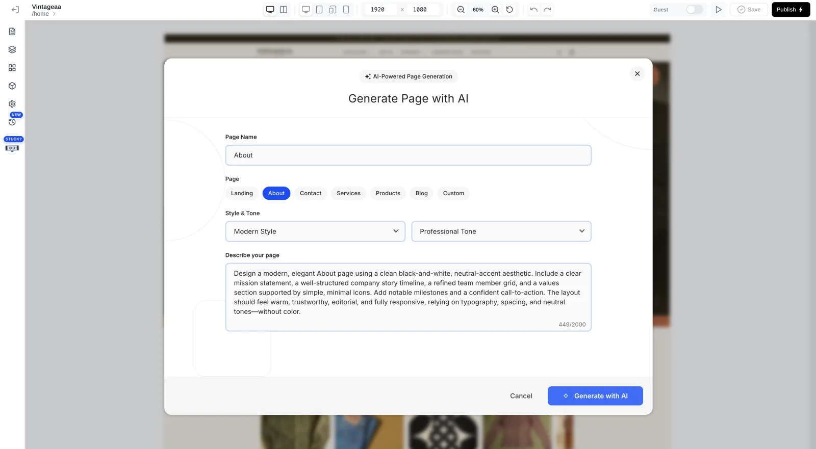 AI page generation dialog with page type, style, tone, and a plain-English description