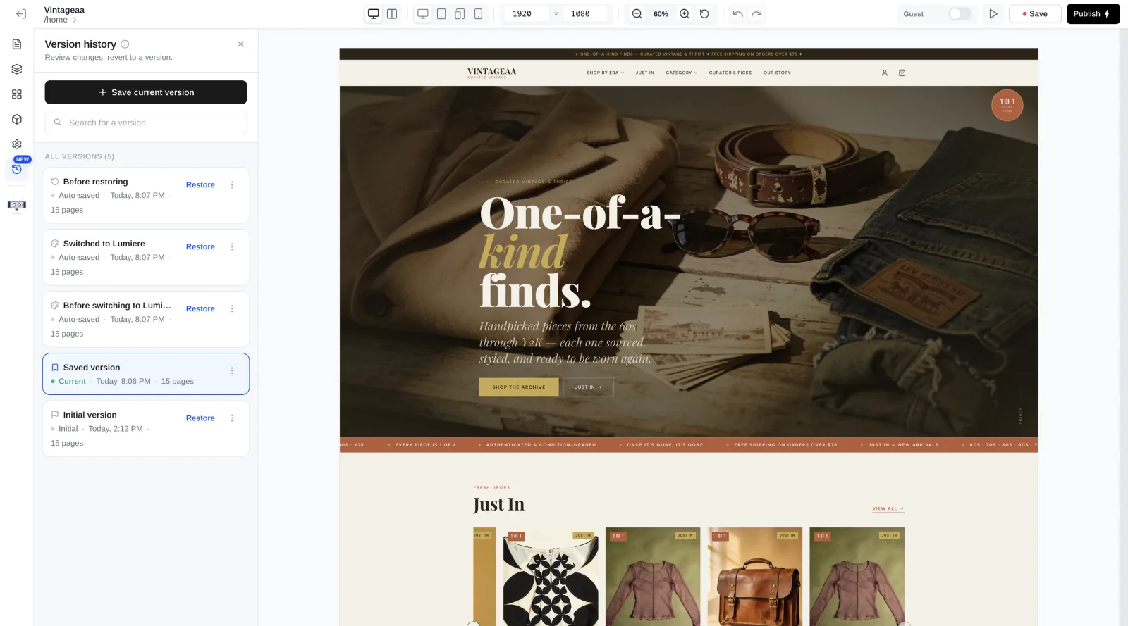 Version history panel listing saved store versions with one-click restore