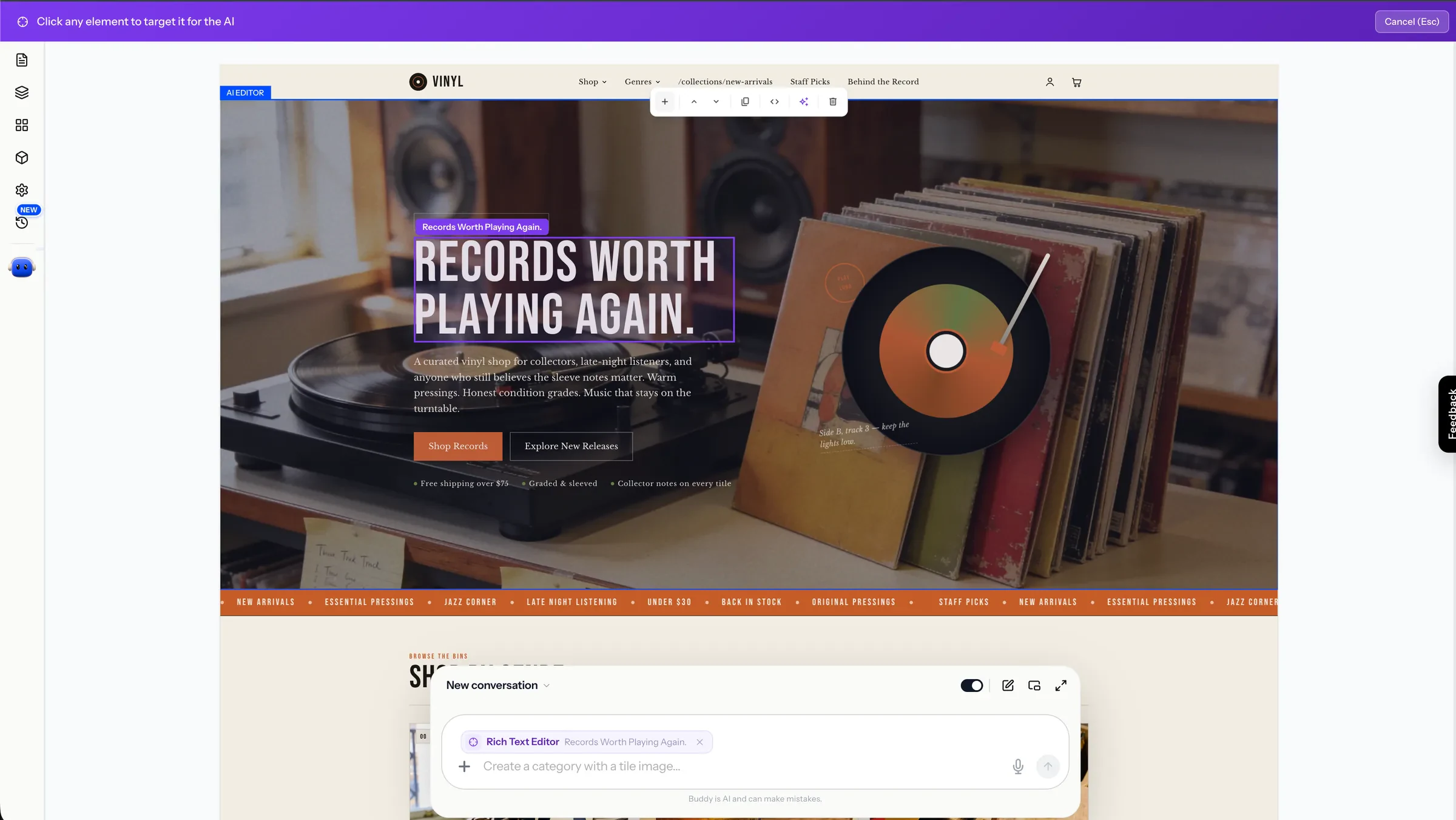 The builder in targeting mode: the purple targeting bar, the hero heading outlined on the canvas with its element toolbar, and the same element carried into the prompt box as a Rich Text Editor chip reading Records Worth Playing Again