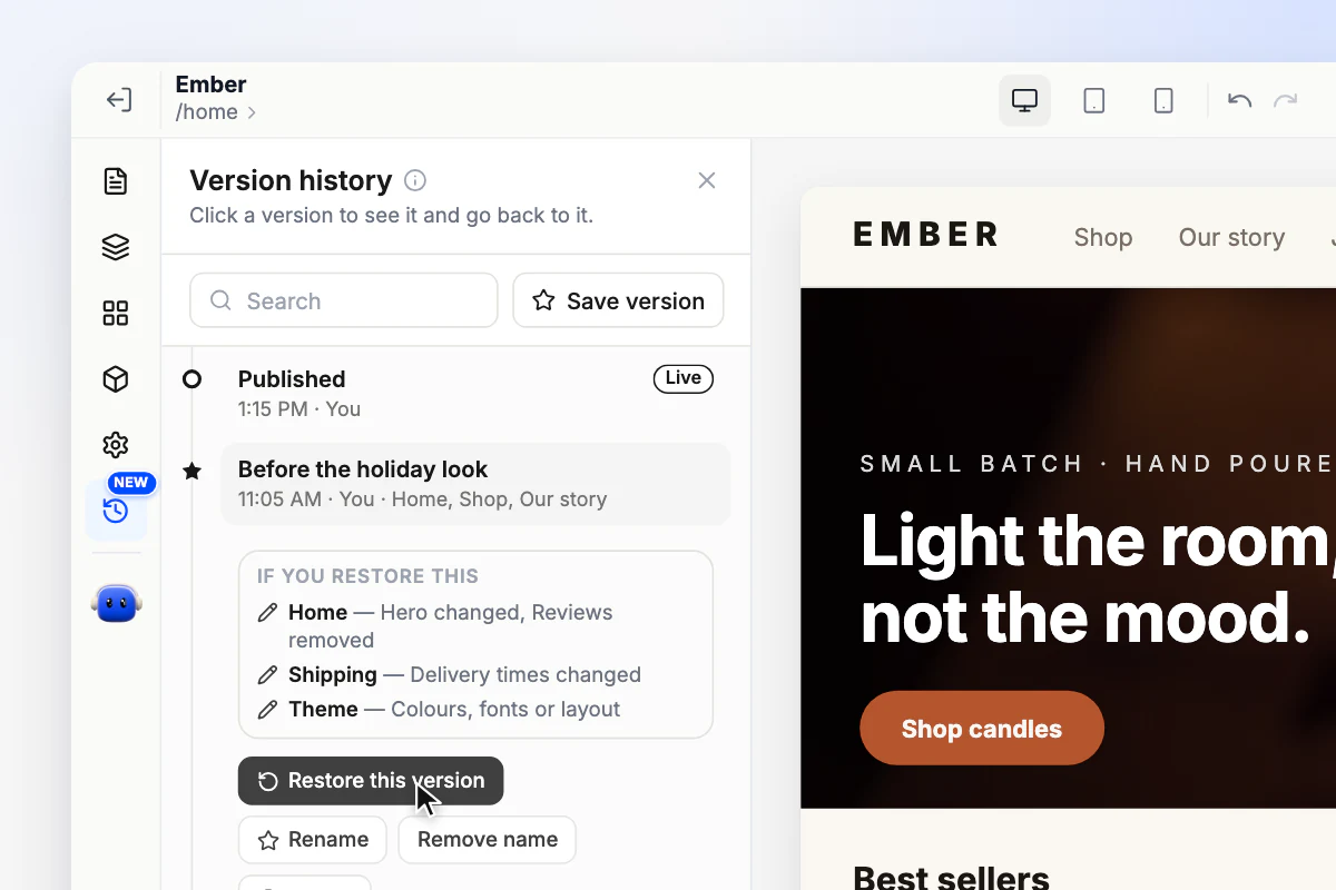 A named version open in Version history, listing what restoring it would change on the Home and Shipping pages and in the theme, with the pointer on Restore this version