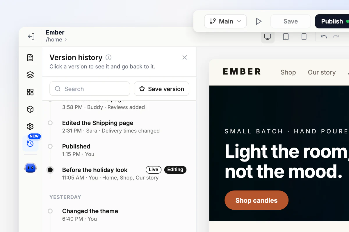 Version history after publishing, with the restored version tagged both Live and Editing, and the Publish button showing a green dot