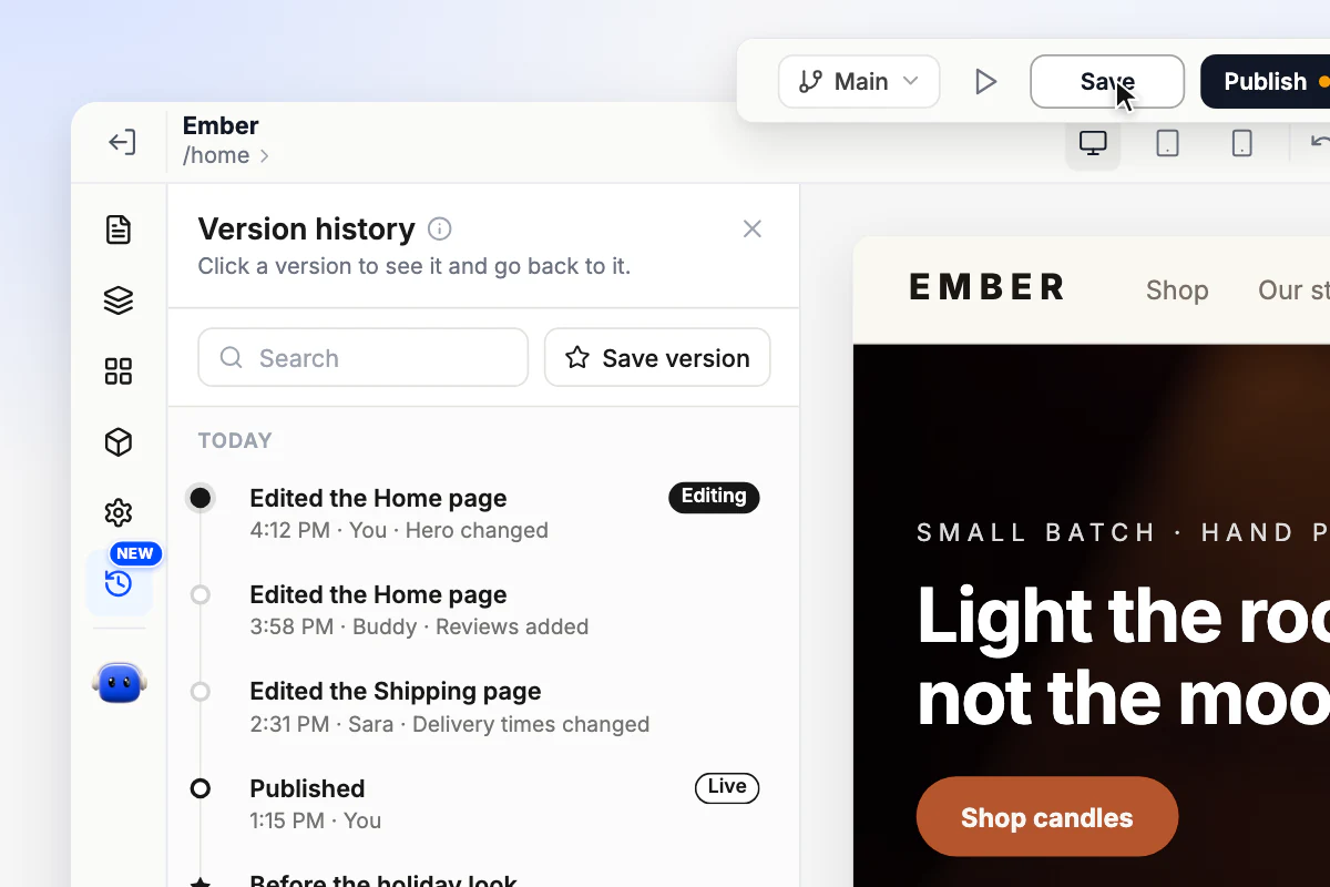 The Version history panel in the Orderain builder listing today's saves, each with who made it and what changed, the newest tagged Editing and the published one tagged Live, with the Save button under the pointer