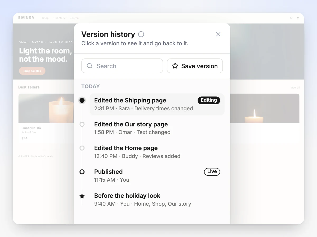 Version history listing saves by Sara, Omar, Buddy and you, each with what it changed, the newest tagged Editing and the published one tagged Live