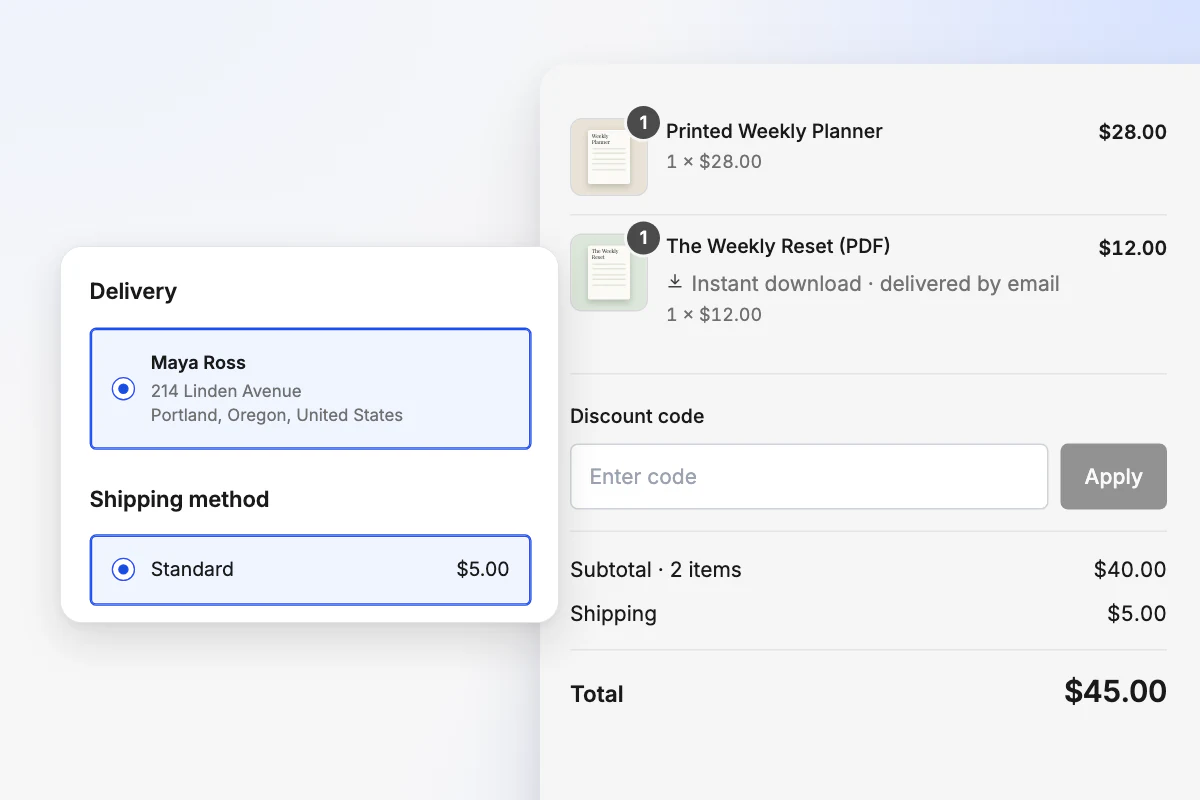A checkout summary with a printed planner that ships and a PDF marked as an instant download delivered by email