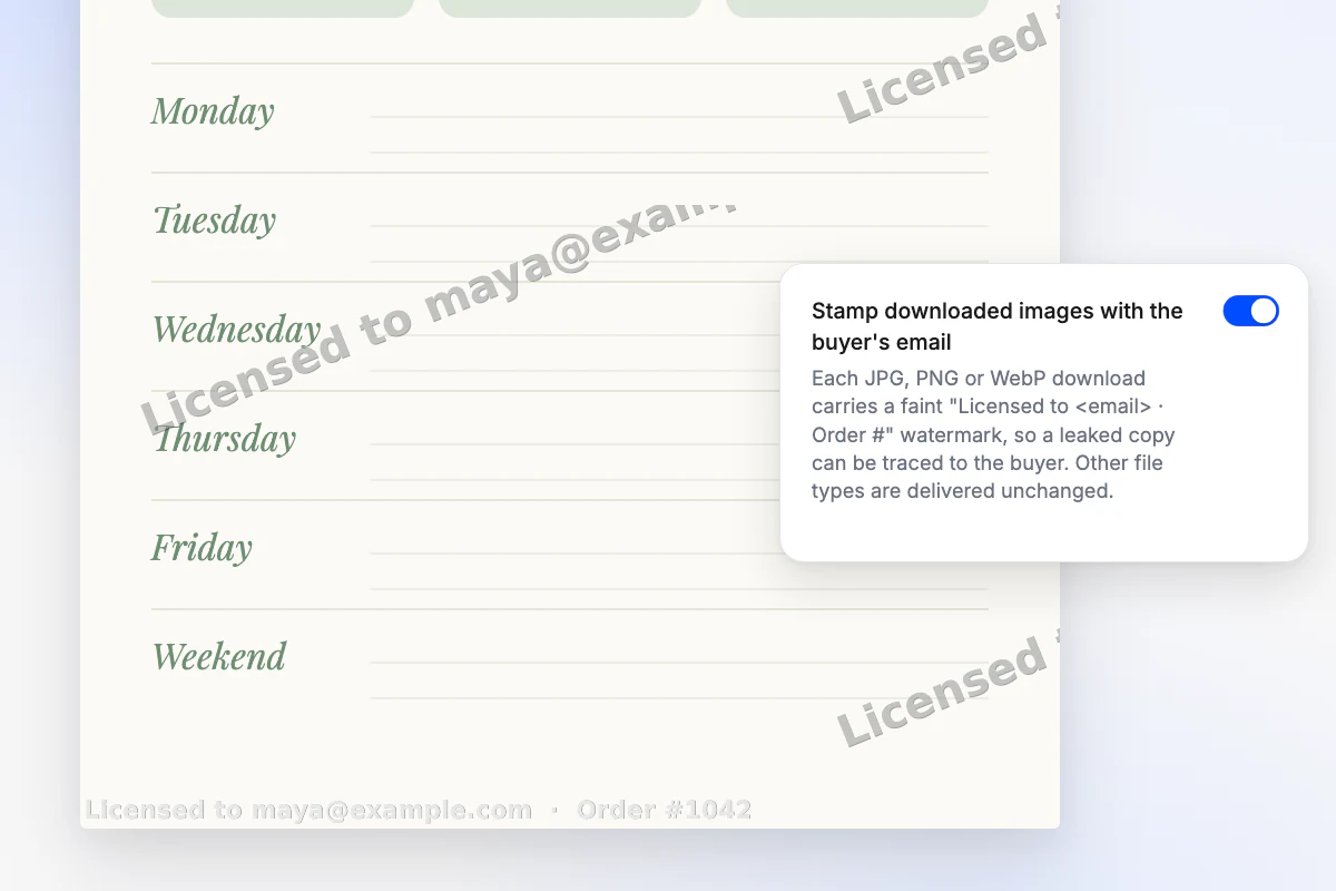 A downloaded planner image stamped with a diagonal Licensed to mark and a footer line with the buyer's email and order number, next to the setting that turns stamping on