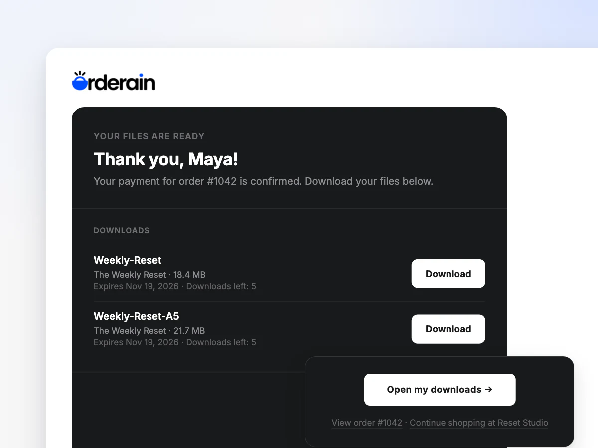 The email a buyer receives after paying, with a Download button for each file and a link to all their downloads