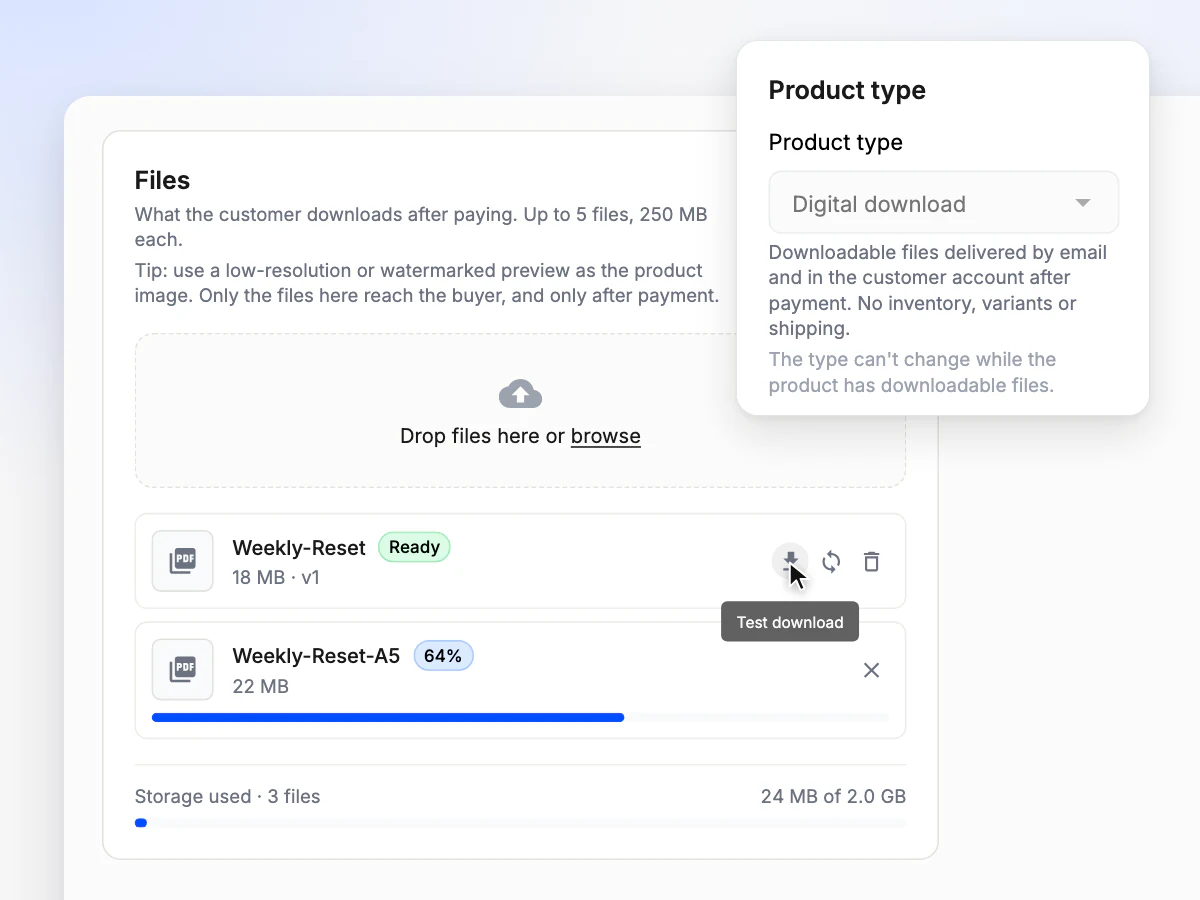 The Files panel of a digital product in the Orderain dashboard, with the Weekly-Reset file ready to test, a second file uploading, and the product type set to Digital download