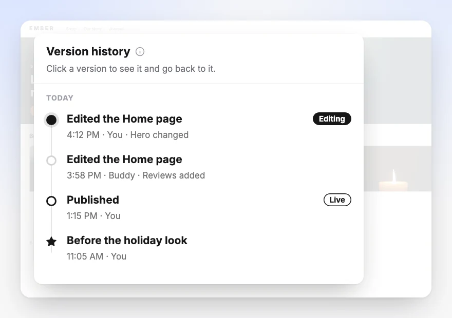 Version history: every save listed with who made it and what changed, the version in the editor tagged Editing, the published one tagged Live, and a named version marked with a star