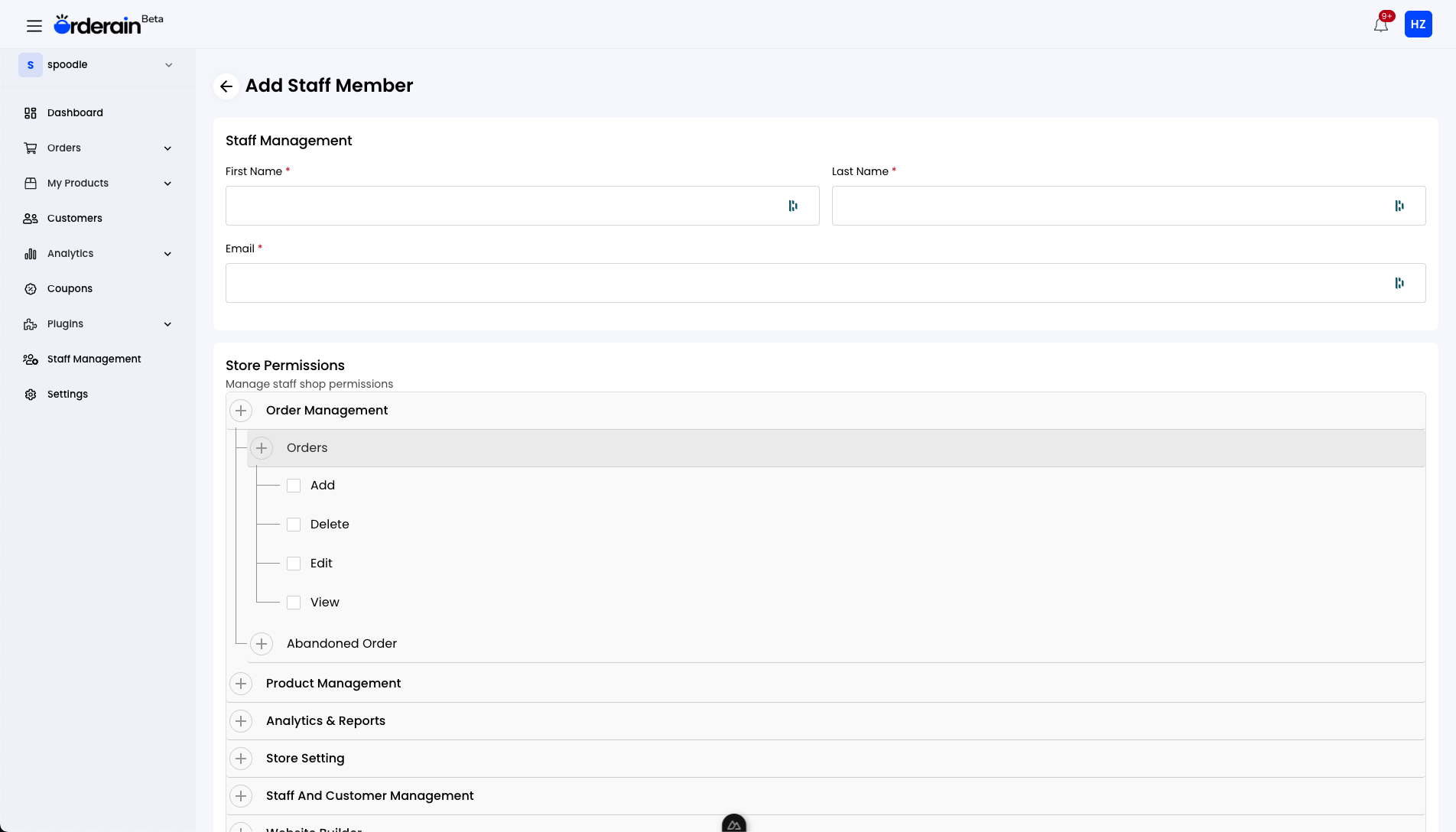 Staff management dashboard with role-based access control